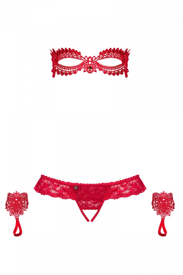 Ensemble masque mitaine et string ouvert rouge
