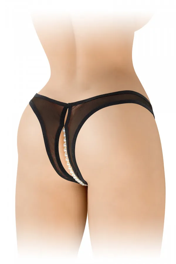 String sexy : string ouvert noir avec perles nacrées stimulation du clitoris
