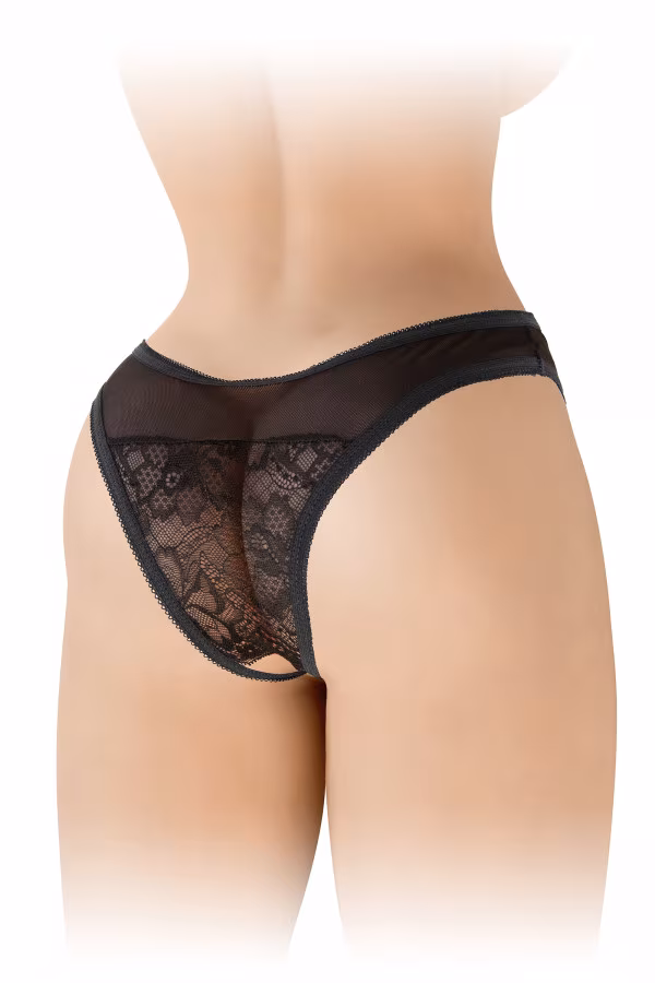 Tanga noir ouvert dentelle et tulle