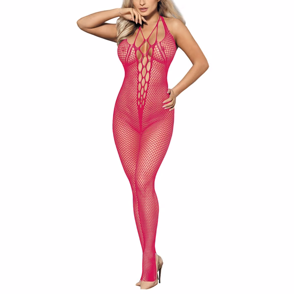 Lingerie libertine : bodystocking noir résille poitrine ouverte
