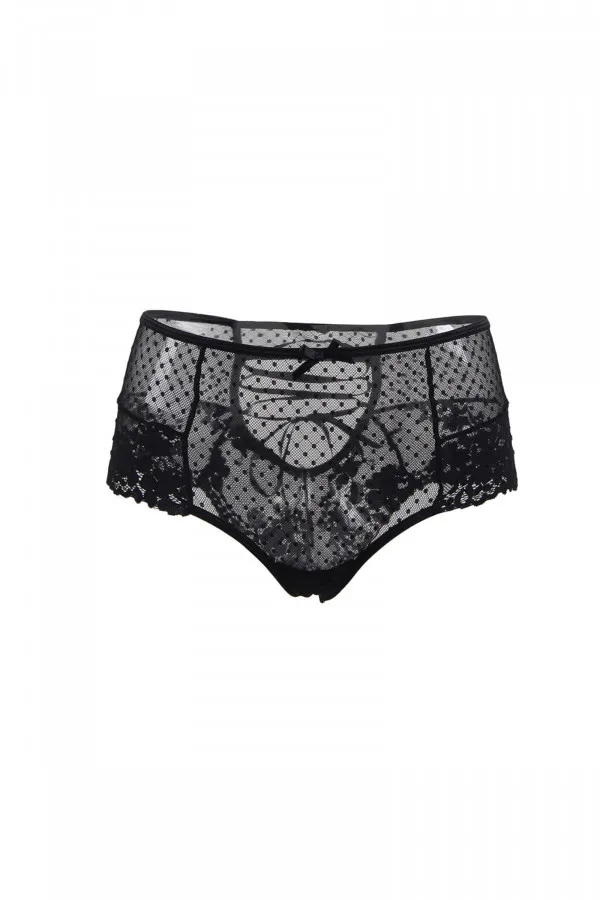 Vente de lingerie sexy et tanga noir taille haute avec laçage satiné