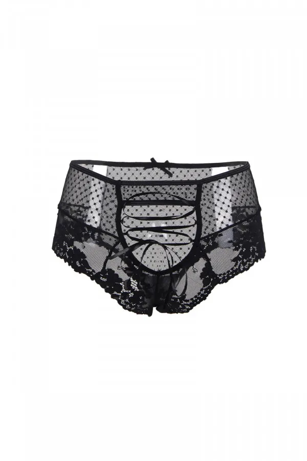 Vente de lingerie sexy et tanga noir taille haute avec laçage satiné