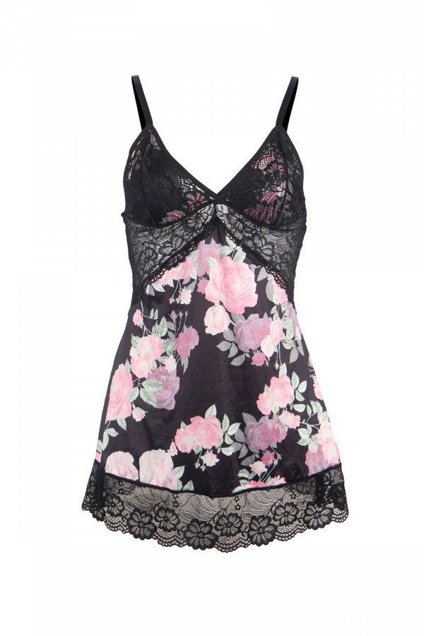 Nuisette fleurie et string en tissu satiné et dentelle de Paris Hollywood