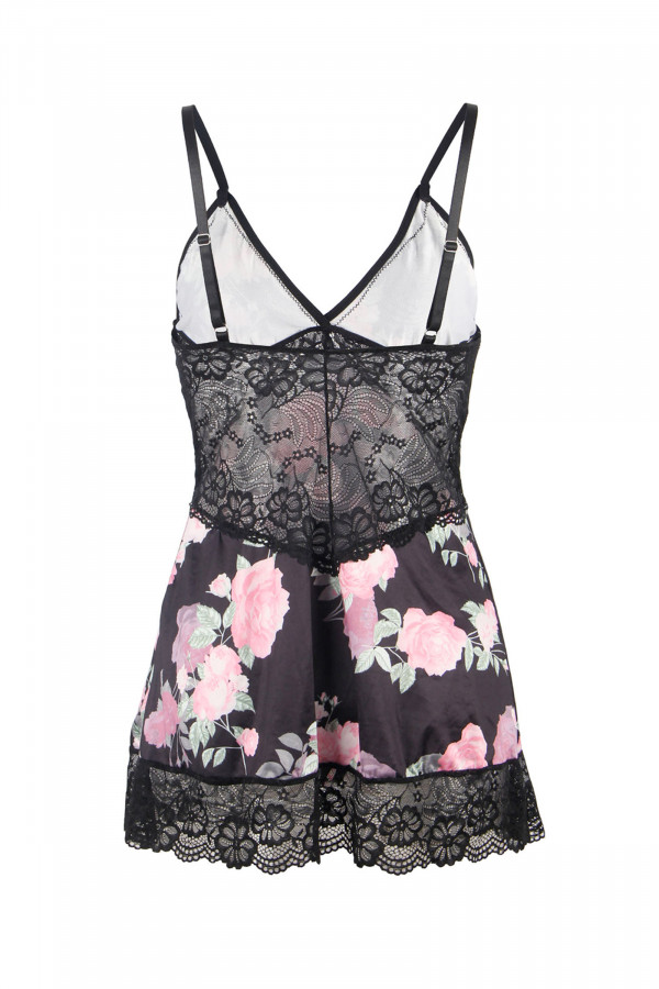 Nuisette fleurie et string en tissu satiné et dentelle de Paris Hollywood