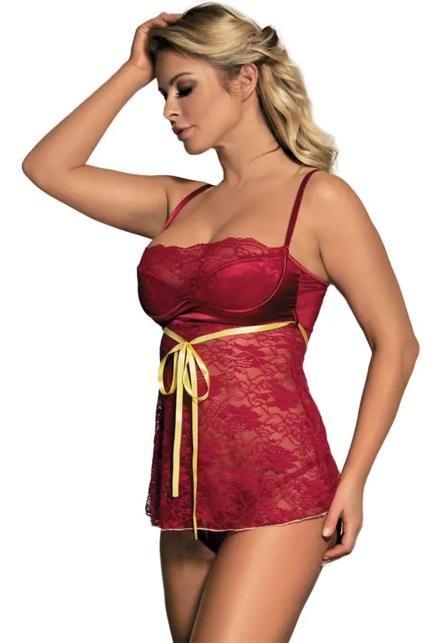 Nuisette bordeaux dentelle et string