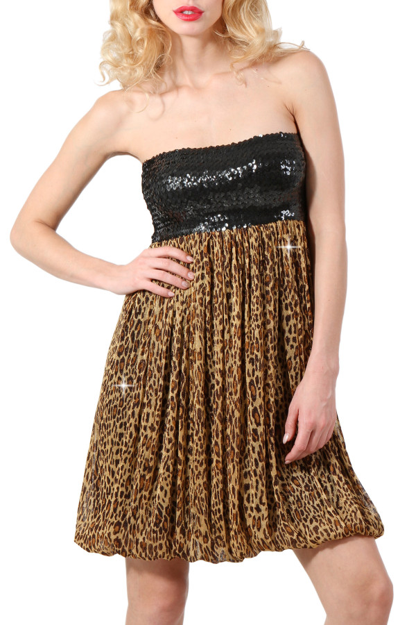 Robe bustier sequins et imprimé léopard pas chère