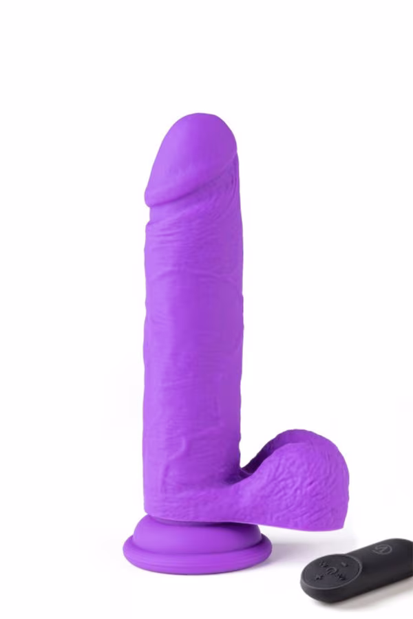 Gode réaliste vibrant avec télécommande et testicules violet R16 de Virgite