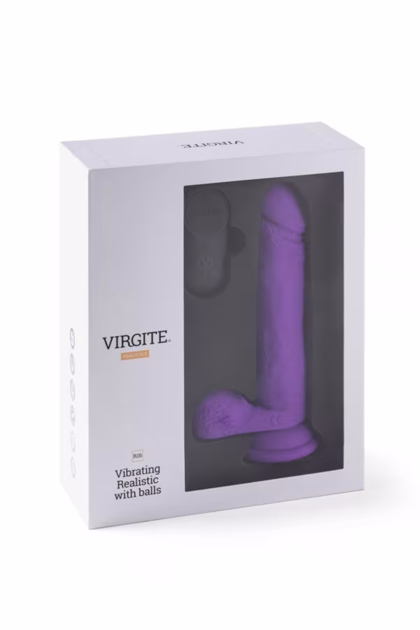 Gode réaliste vibrant avec télécommande et testicules violet R16 de Virgite