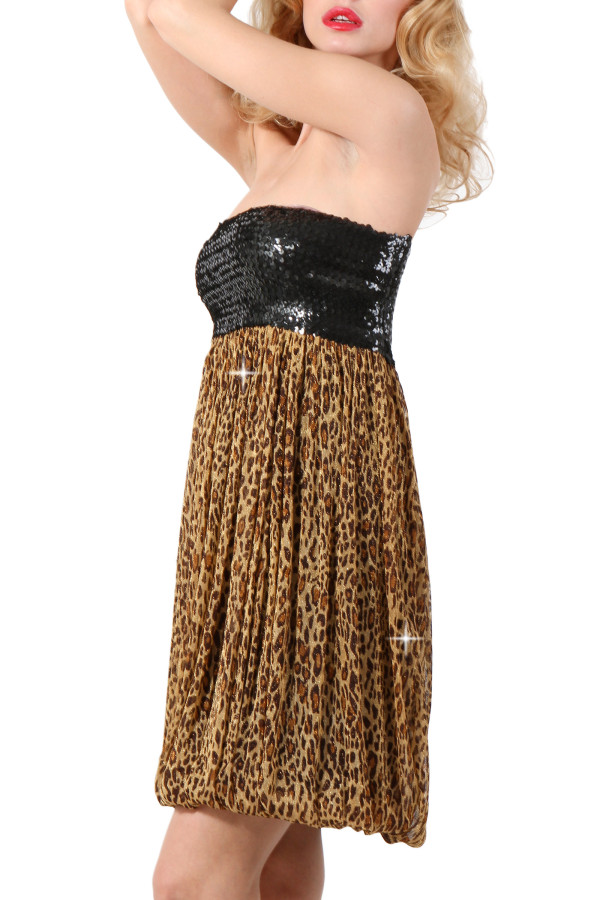 Robe bustier sequins et imprimé léopard pas chère