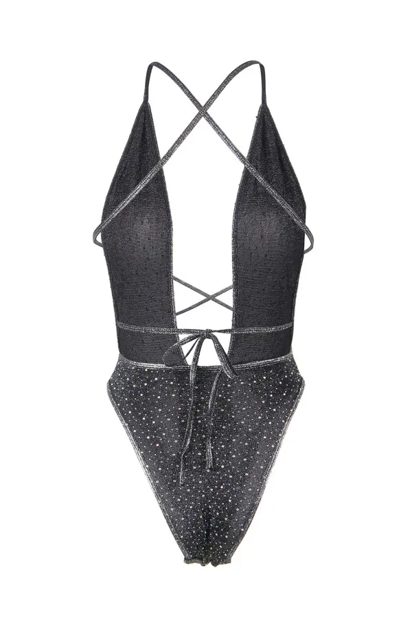 Body à décolleté argenté avec strass de Paris Hollywood.