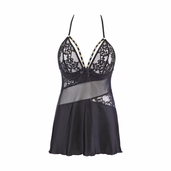 Nuisette et string en dentelle de couleur noir de Axami