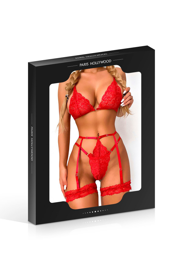 Ensemble 3 pièces en dentelle string porte-jarretelles