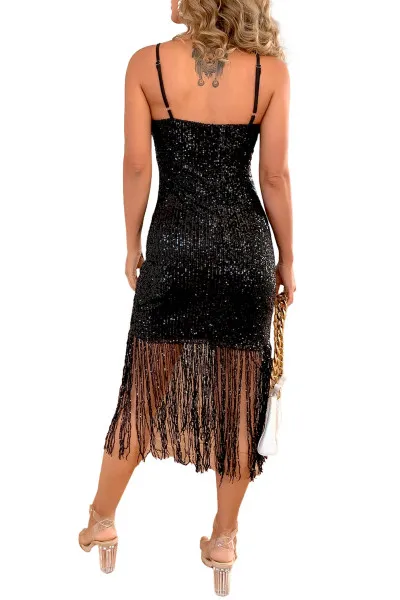 Robe noire à sequins avec franges de Richard Fhal