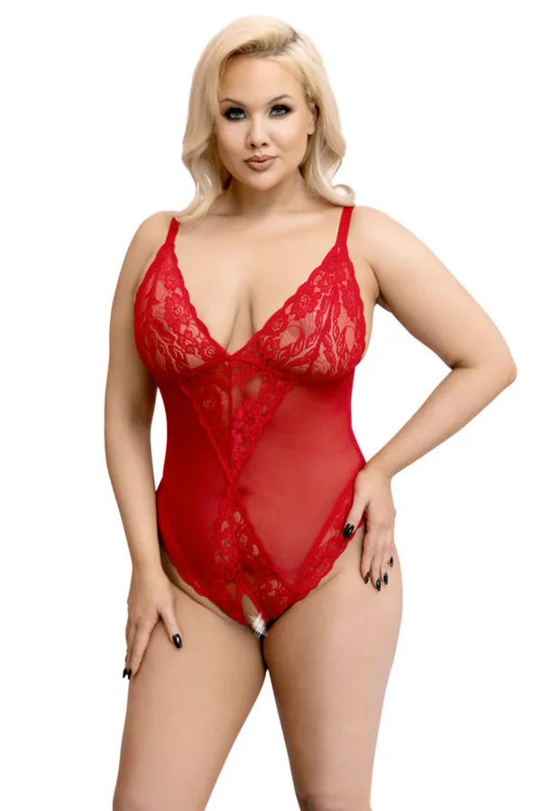 Body ouvert en dentelle rouge grande taille de Cotelli