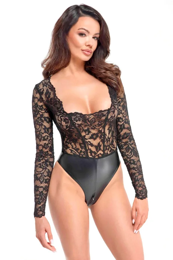 Body ouvert en dentelle avec zip de Noir Handmade
