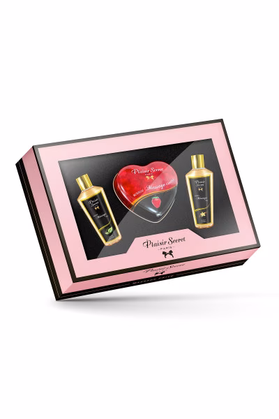 Coffret massage privé Plaisir Secret avec deux minis bouteilles d'huiles et une bougie de massage