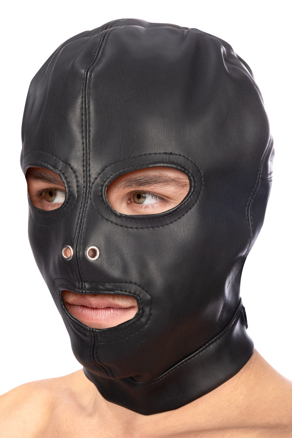Cagoule fétichiste simili cuir noir sangle et lacet