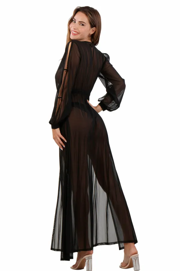 Déshabillé long en fine résille noir de Soisbelle