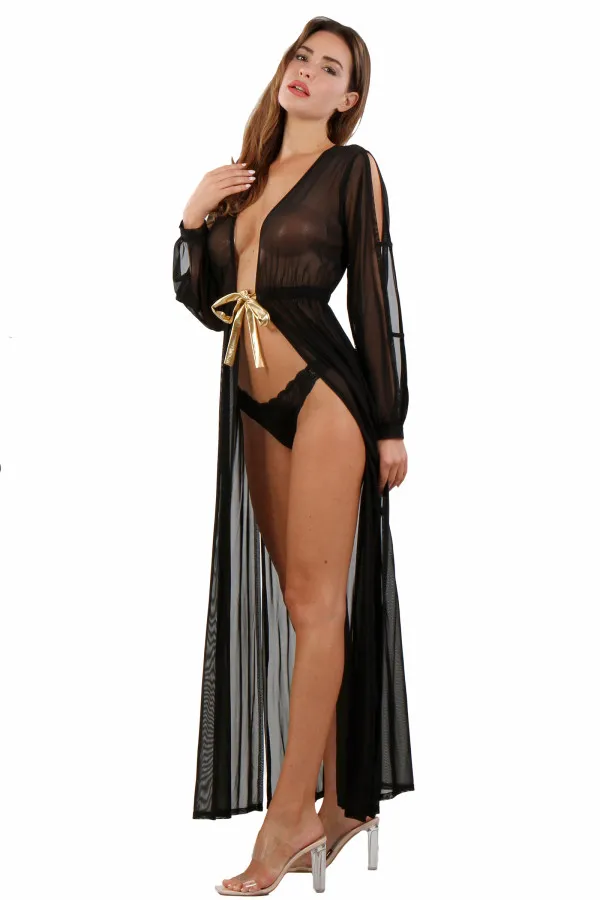 Déshabillé long en fine résille noir de Soisbelle