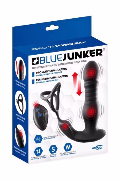 Stimulateur de Prostate va-et-vient et double cockring de Blue Junker
