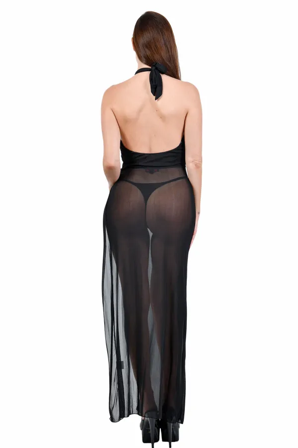Robe noire transparente longue croisée de Soisbelle