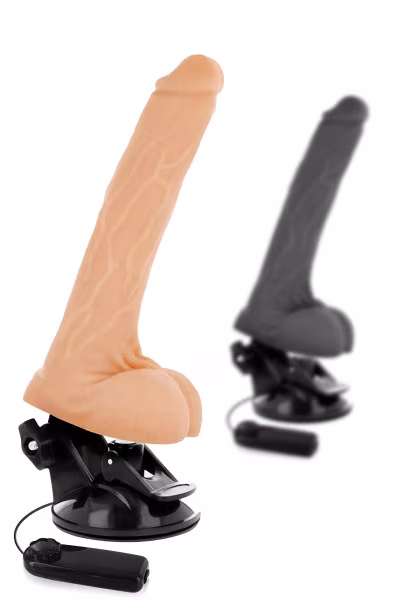 Gode réaliste à testicules avec base ventouse et télécommande couleur noir - Basecock