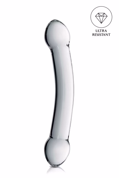 Double dildo incurvé en verre translucide 22.5cm pas cher