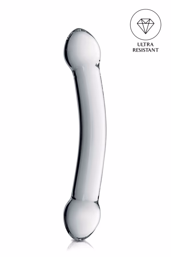 Double dildo incurvé en verre translucide 22.5cm pas cher