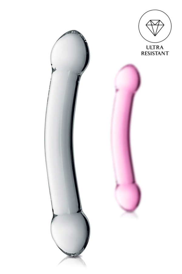 Double dildo incurvé en verre translucide 22.5cm pas cher