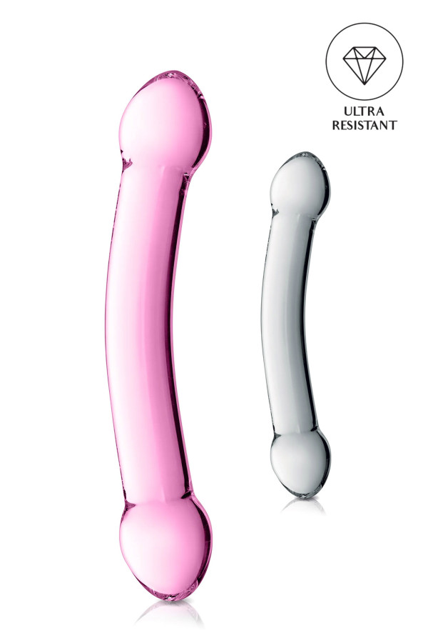 Double dildo incurvé en verre translucide 22.5cm pas cher