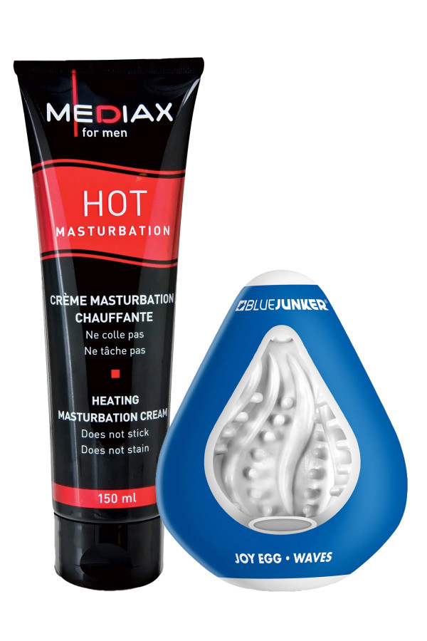Pack Crème de masturbation chauffante et Oeuf masturbateur Blue Junker