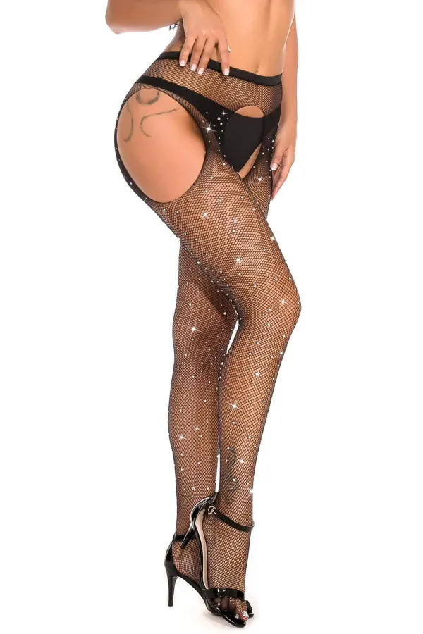 Collant à Strass Résille Noire Sexy – Effet Porte-Jarretelles | Concorde Love