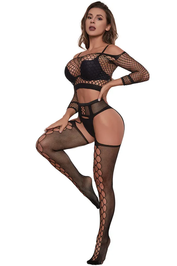 Ensemble Sexy Résille – Top Manches Longues & Collants Porte-Jarretelles | Concorde Love