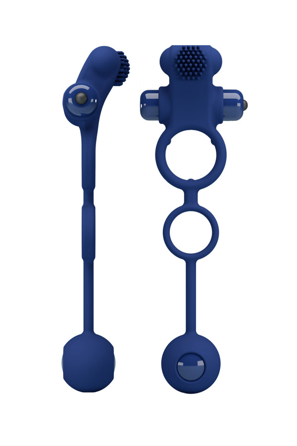 Double cockring vibrant avec stimulateur et poids