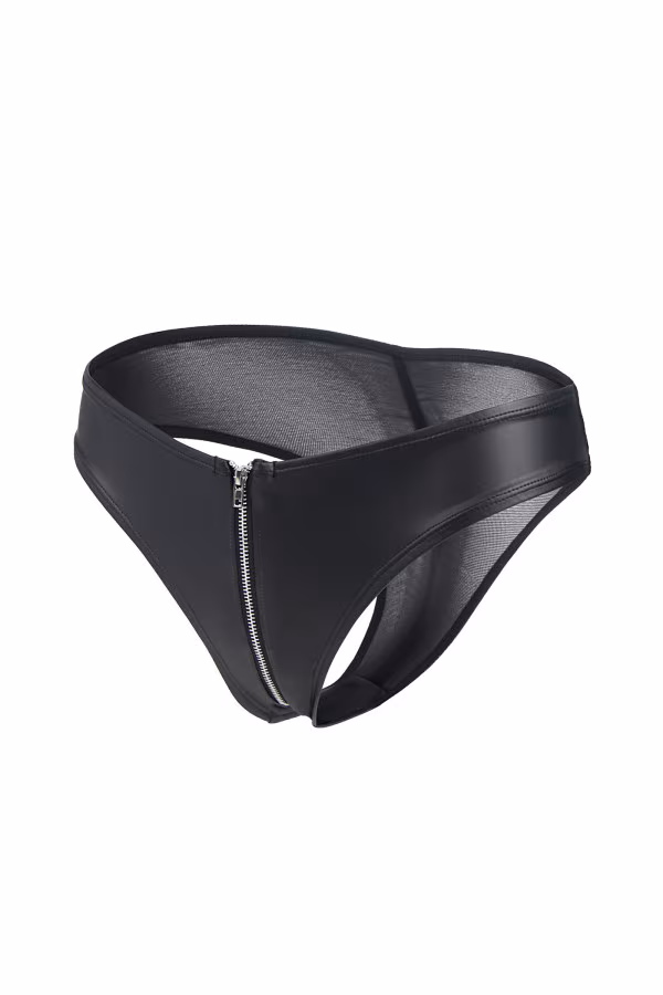 Paris Hollywood - Tanga noir sexy effet wetlook + fermeture zip