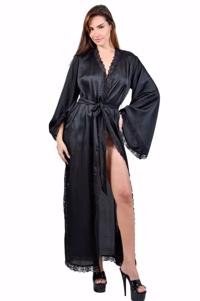 Soisbelle - Déshabillé kimono long et noir, satiné + dentelle