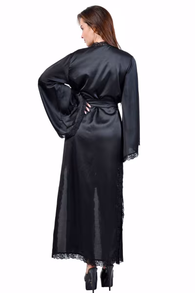 Soisbelle - Déshabillé kimono long et noir, satiné + dentelle