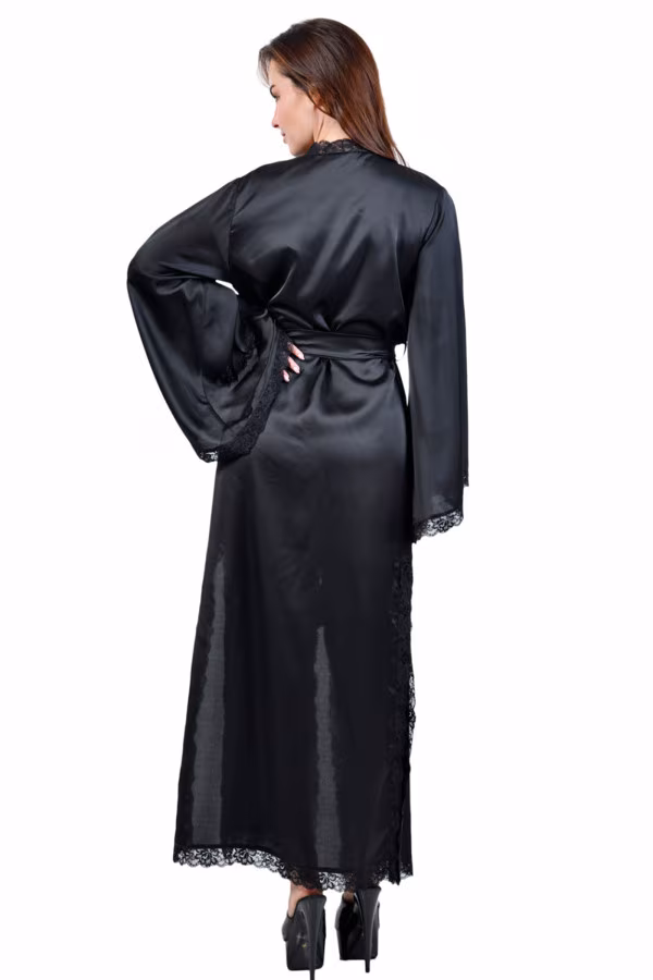 Soisbelle - Déshabillé kimono long et noir, satiné + dentelle