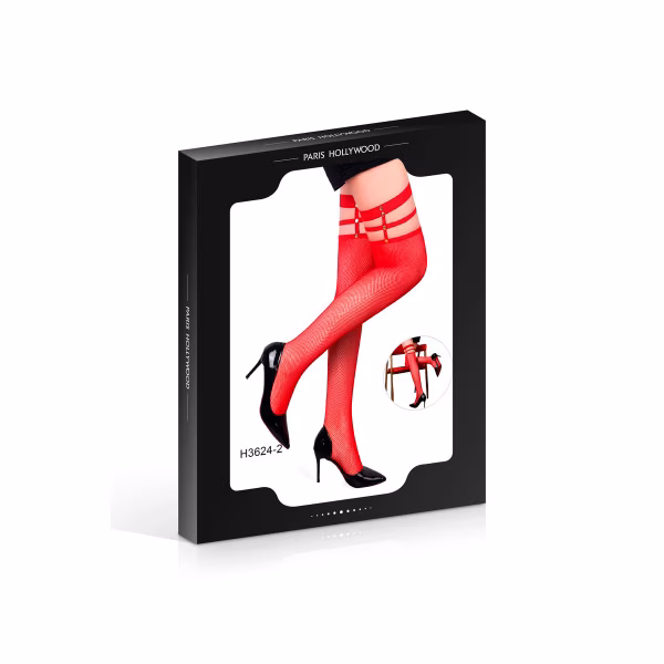 Bas résille rouge ou noir ultra-sexy avec jarretière double à rivets