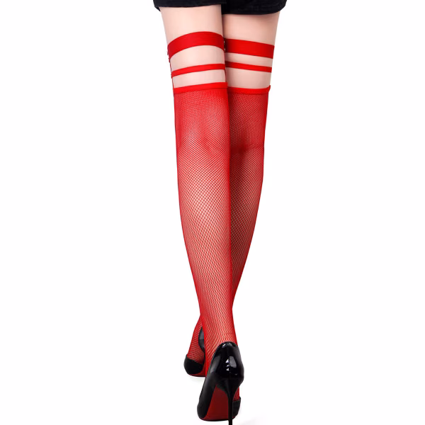 Bas résille rouge ou noir ultra-sexy avec jarretière double à rivets