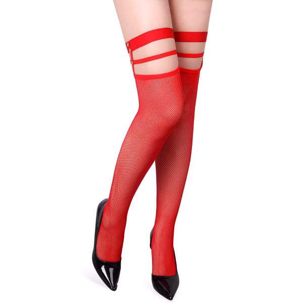 Bas résille rouge ou noir ultra-sexy avec jarretière double à rivets