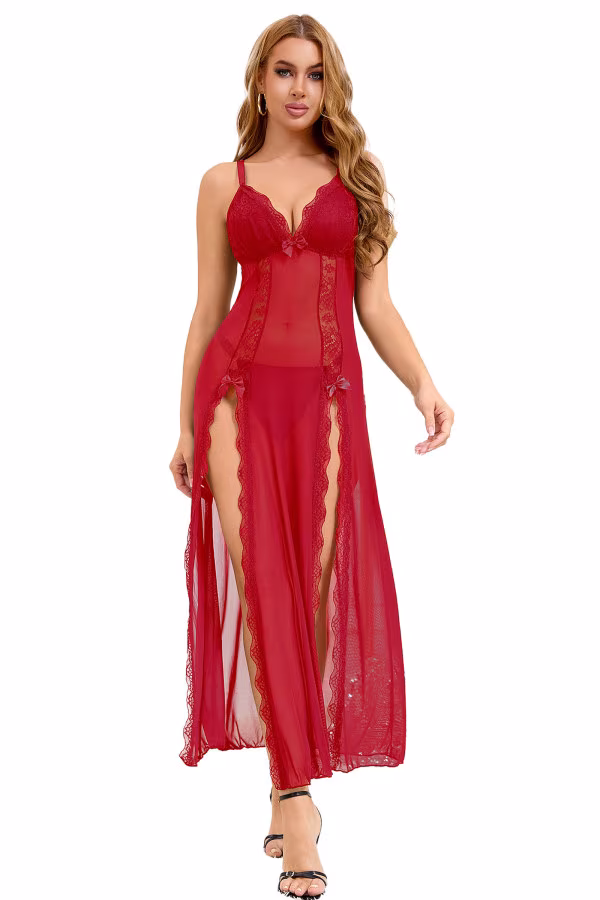 Paris Hollywood - Nuisette longue rouge en dentelle + string