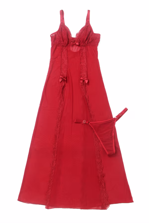 Paris Hollywood - Nuisette longue rouge en dentelle + string