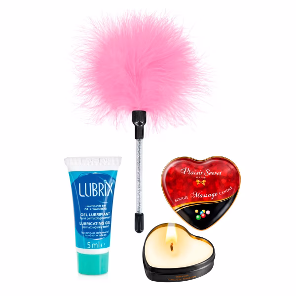 Pack préliminaires : bougie de massage + plumeau + lubrifiant