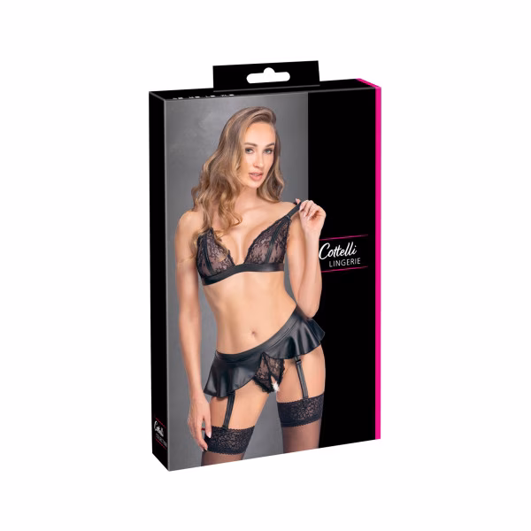 Ensemble sexy : soutien-gorge + string ouvert à jarretelles