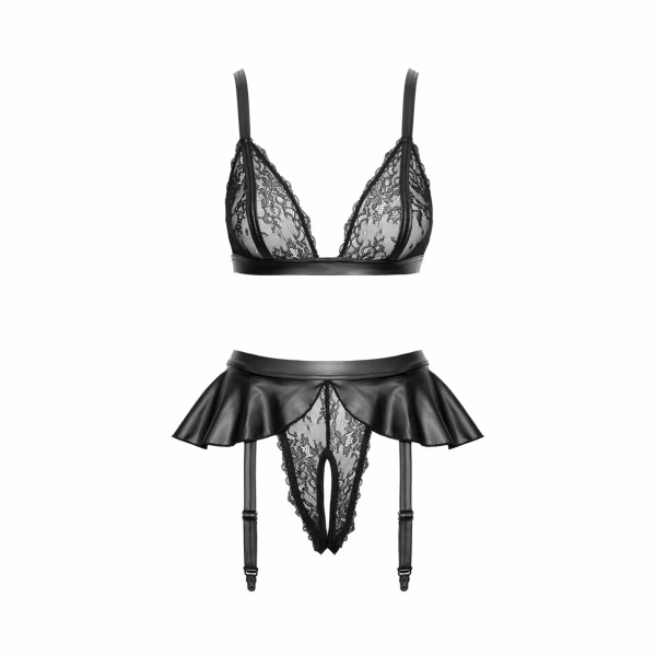 Ensemble sexy : soutien-gorge + string ouvert à jarretelles
