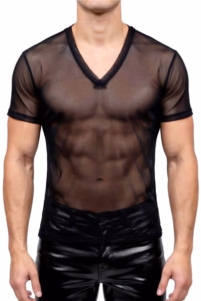 T-shirt sexy pour homme semi-transparent : résille noire et col V