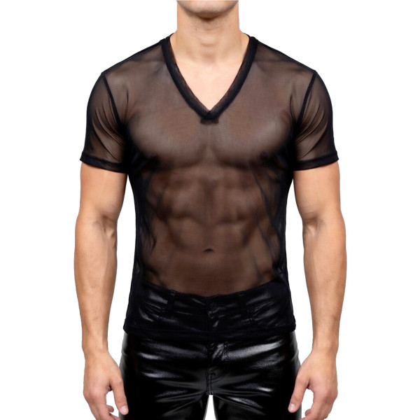 T-shirt sexy pour homme semi-transparent : résille noire et col V