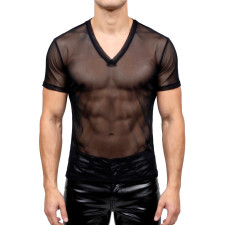 T-shirt sexy pour homme semi-transparent : résille noire et col V
