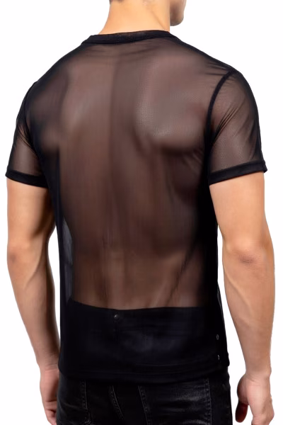 T-shirt sexy pour homme semi-transparent : résille noire et col V